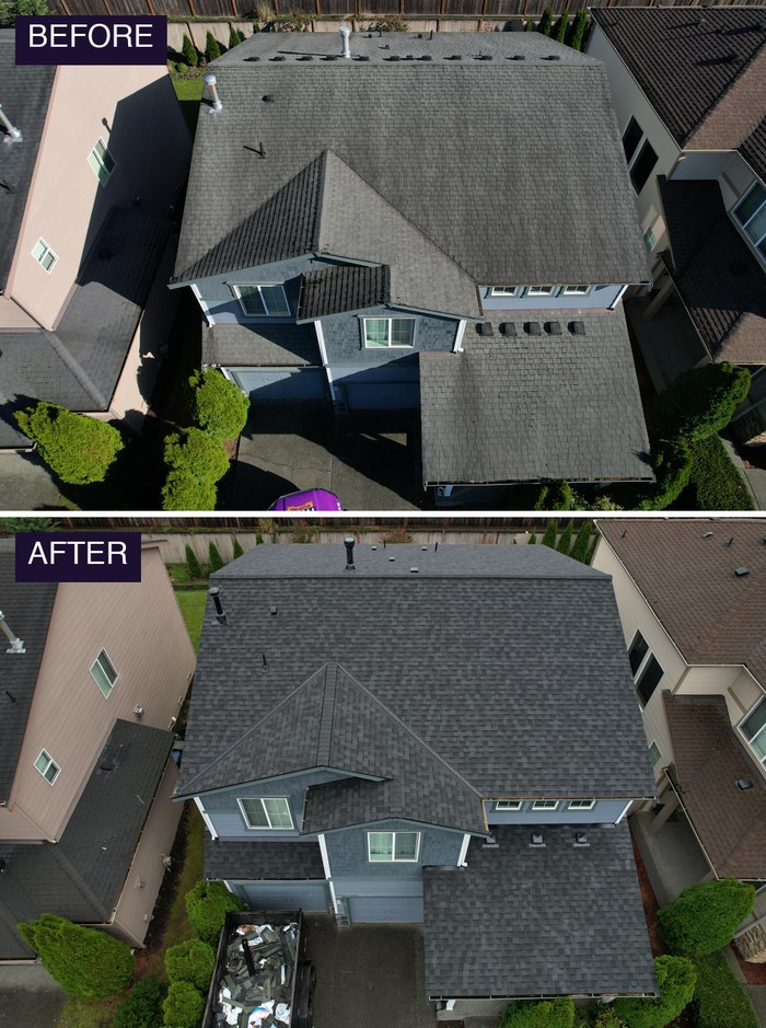 The same house from the same drone angle. Before: worn grey shingles with moss. After: a new charcoal shingle roof by Titan Roofing